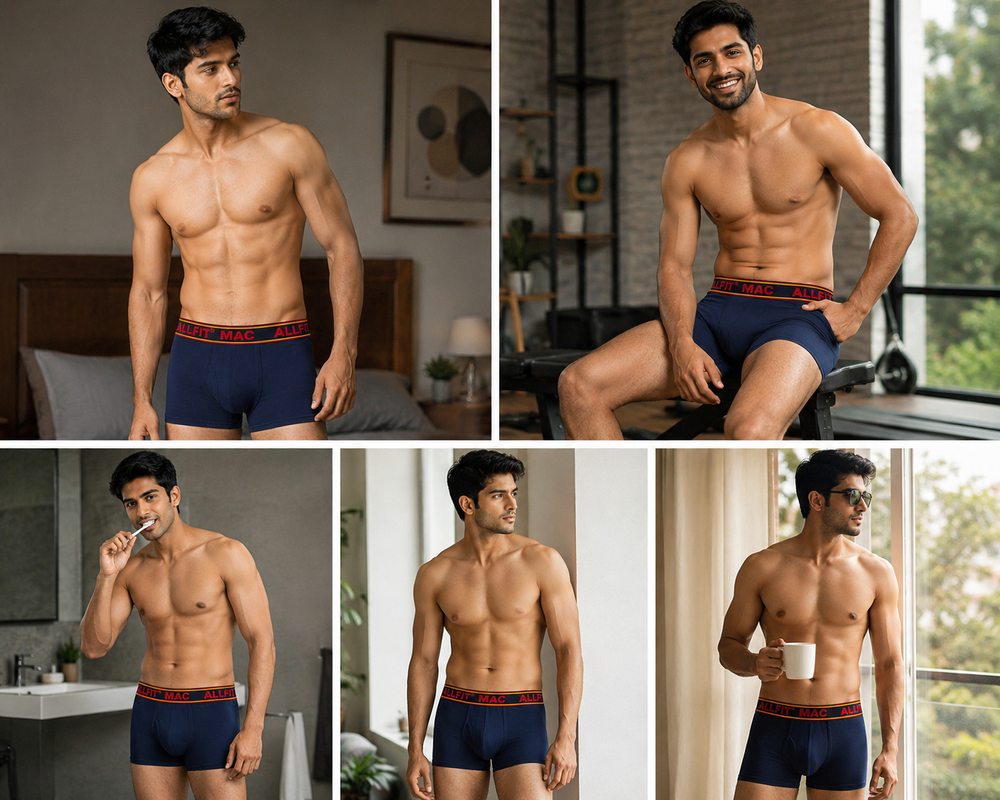 Collage of a man's morning routine wearing ALLFiT MAC trunk