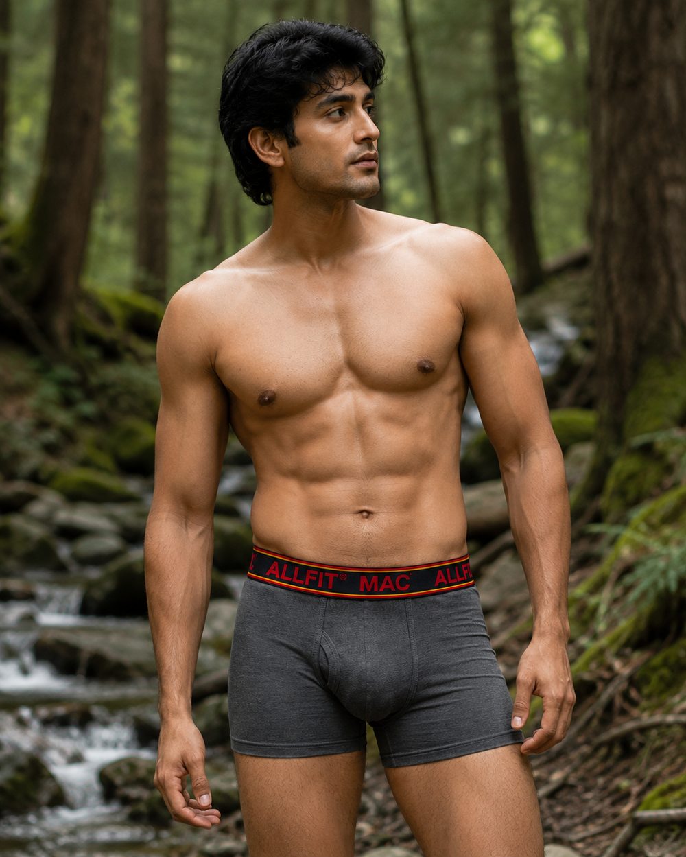 Man standing in the forest wearing ALLFiT MAC charcoal trunk