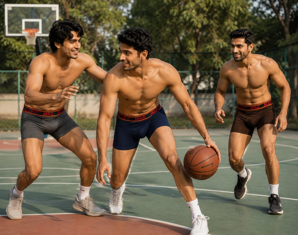 Three men playing basketball wearing ALLFiT MAC trunks