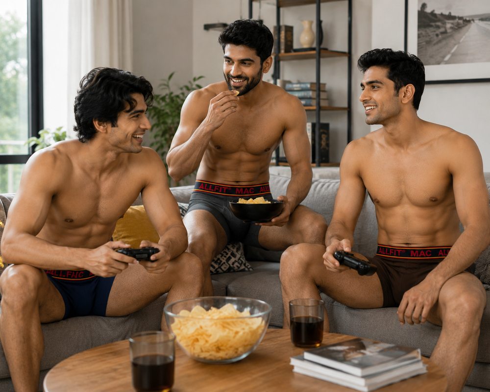 Three friends relaxing on a couch gaming, wearing ALLFiT MAC trunks